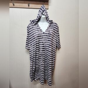 C&C California Shirt Dress‎ 1X Hooded Striped Gray White Lightweight Plus C398